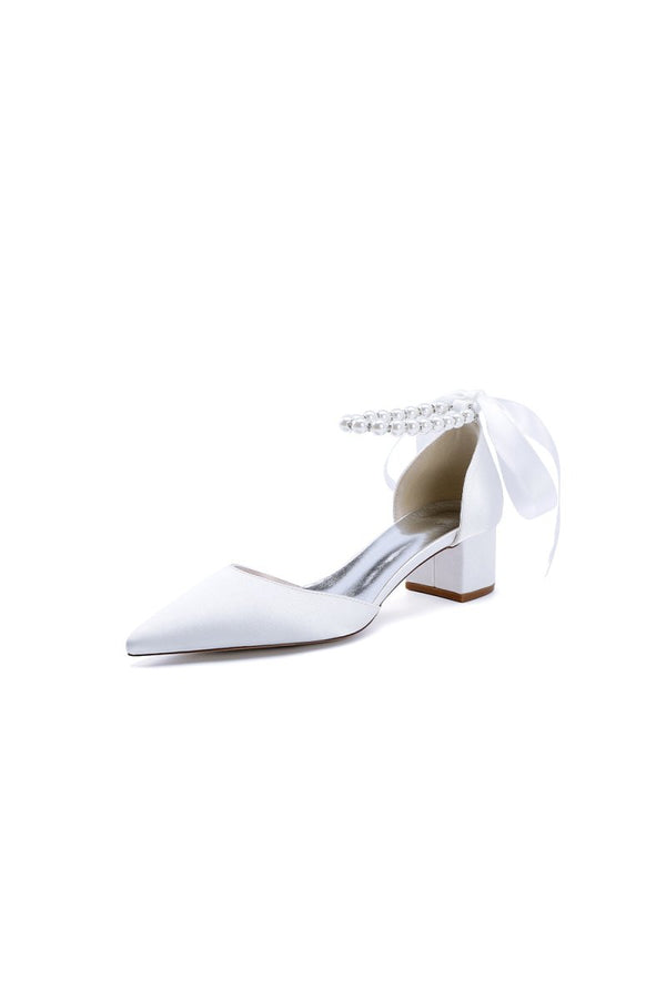 Pointed Toe Satin Pearl Ankle Strap Block Heels With Ribbon Tie - KissProm