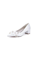 Pointed Toe Satin Slip - on Chunky Wedding Shoes With Flower - KissProm