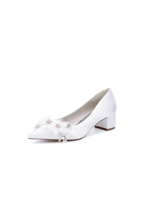Pointed Toe Satin Slip - on Chunky Wedding Shoes With Flower - KissProm