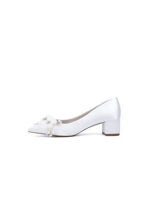 Pointed Toe Satin Slip - on Chunky Wedding Shoes With Flower - KissProm