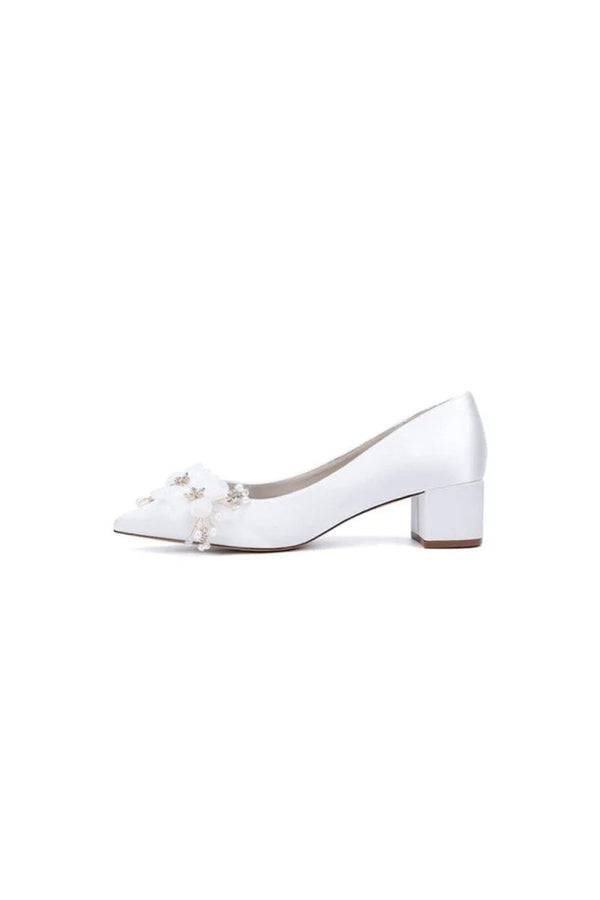 Pointed Toe Satin Slip - on Chunky Wedding Shoes With Flower - KissProm