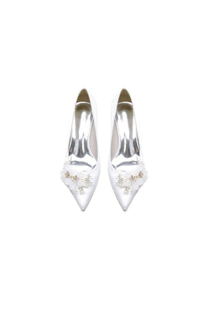 Pointed Toe Satin Slip - on Chunky Wedding Shoes With Flower - KissProm