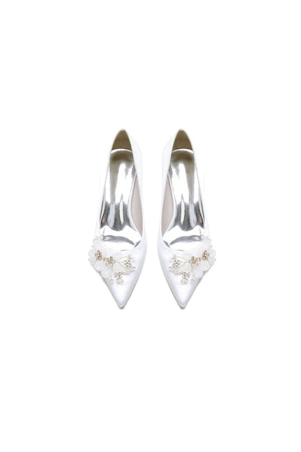 Pointed Toe Satin Slip - on Chunky Wedding Shoes With Flower - KissProm
