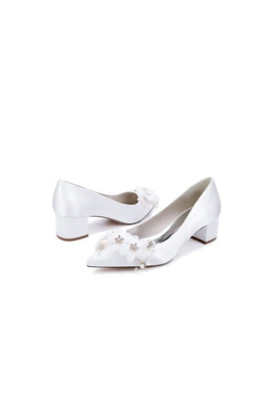 Pointed Toe Satin Slip - on Chunky Wedding Shoes With Flower - KissProm
