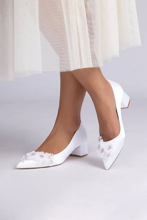 Pointed Toe Satin Slip - on Chunky Wedding Shoes With Flower - KissProm