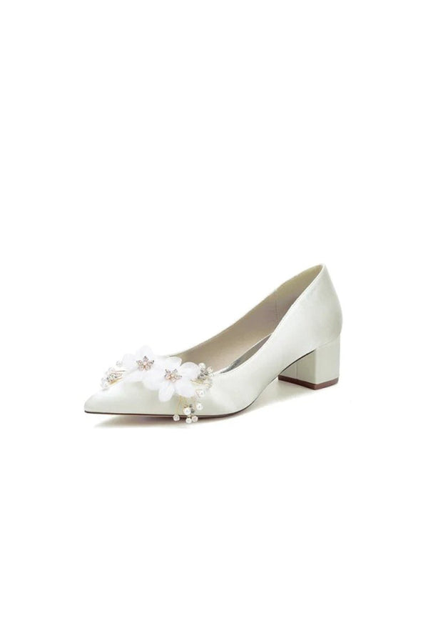 Pointed Toe Satin Slip - on Chunky Wedding Shoes With Flower - KissProm