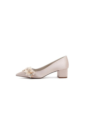 Pointed Toe Satin Slip - on Chunky Wedding Shoes With Flower - KissProm