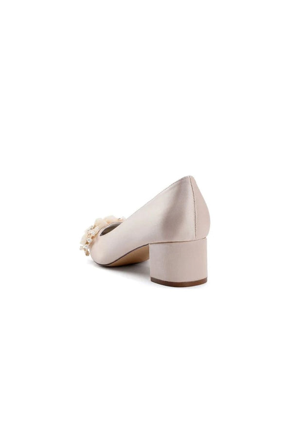 Pointed Toe Satin Slip - on Chunky Wedding Shoes With Flower - KissProm