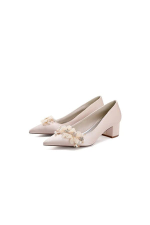 Pointed Toe Satin Slip - on Chunky Wedding Shoes With Flower - KissProm