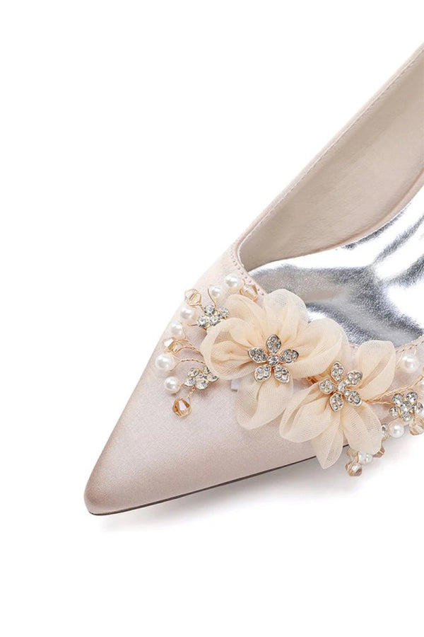 Pointed Toe Satin Slip - on Chunky Wedding Shoes With Flower - KissProm