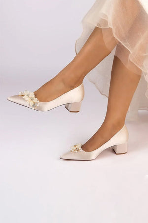 Pointed Toe Satin Slip - on Chunky Wedding Shoes With Flower - KissProm