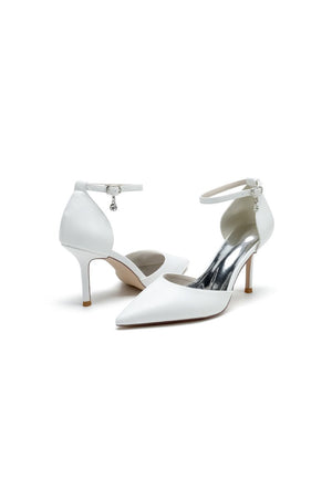 Pointed Toe Sexy Ankle Strap White Satin Wedding Shoes - KissProm
