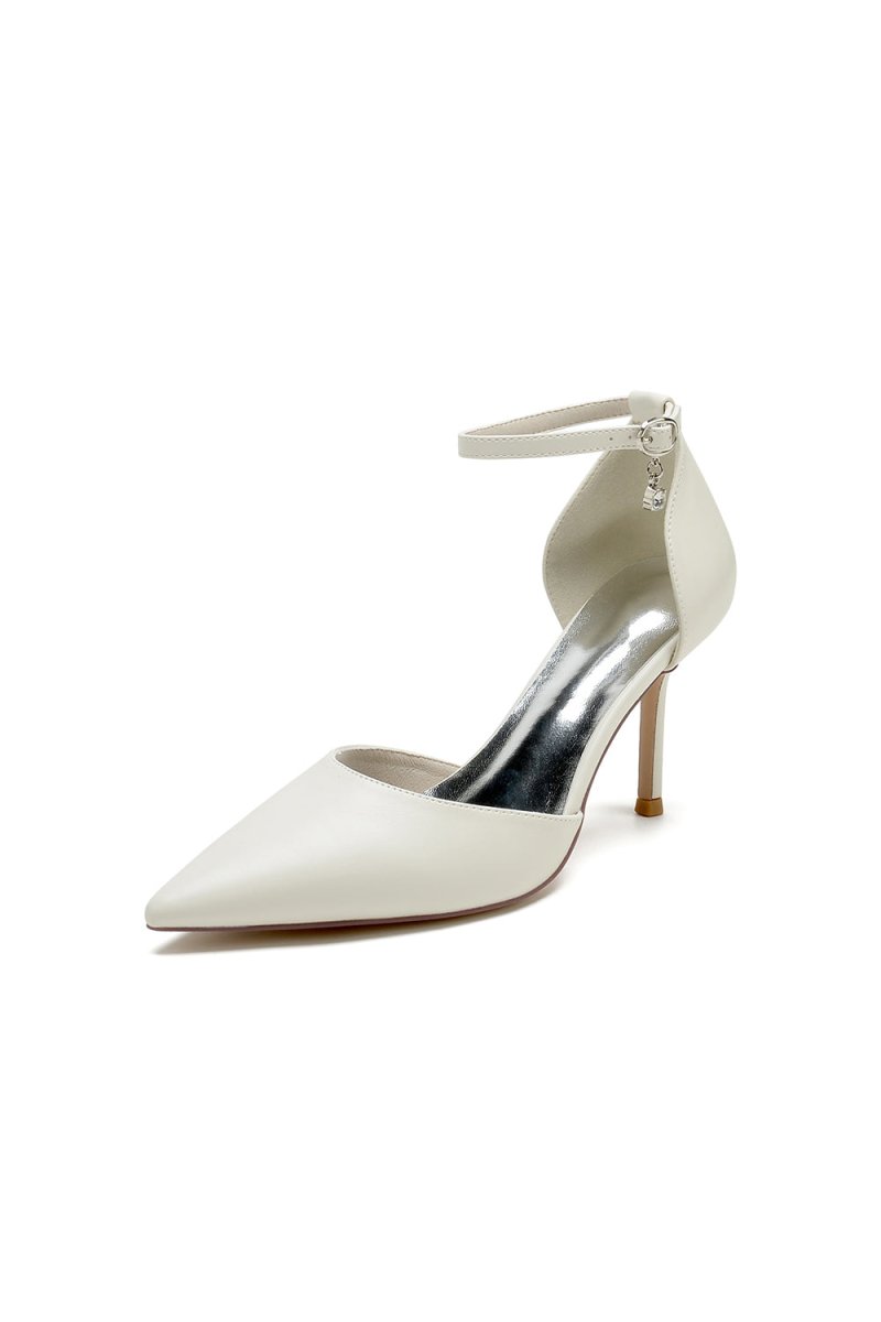 Pointed Toe Sexy Ankle Strap White Satin Wedding Shoes - KissProm
