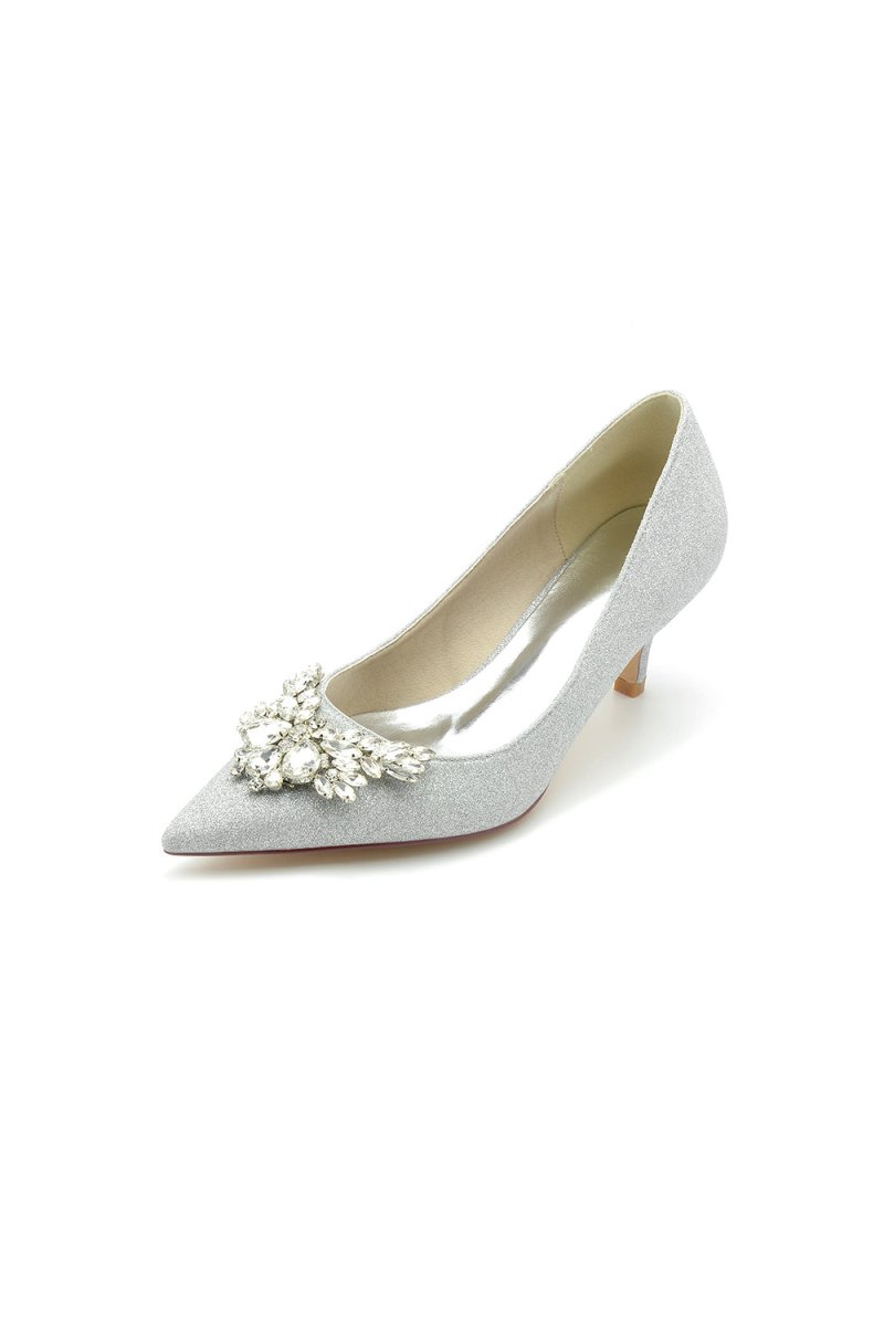 Pointed Toe Silver Wedding Shoes with Rhinestone - KissProm