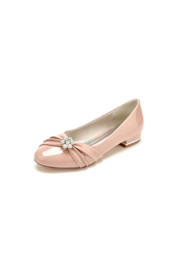 Pointed Toe Slip - on Patent Leather Low Heels With Rhinestone - KissProm