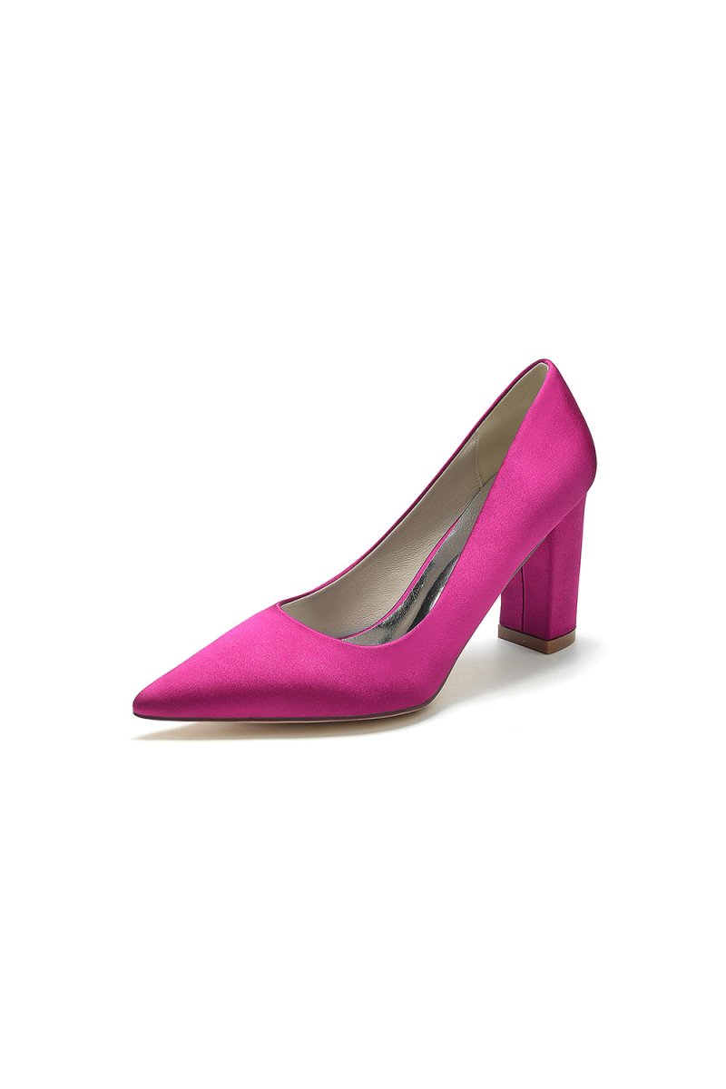 Pointed Toe Slip - on Satin Chunky Heels - KissProm