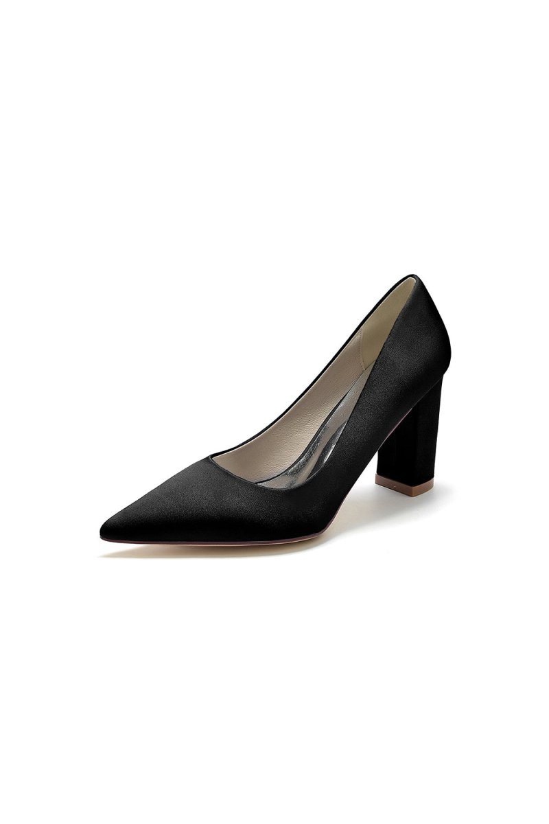 Pointed Toe Slip - on Satin Chunky Heels - KissProm