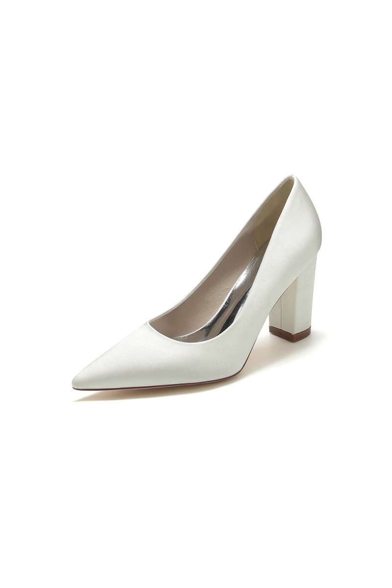 Pointed Toe Slip - on Satin Chunky Heels - KissProm