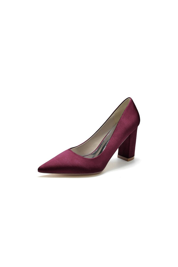 Pointed Toe Slip - on Satin Chunky Heels - KissProm