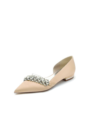 Pointed Toe Slip - on Satin Low Heels With Rhinestone - KissProm