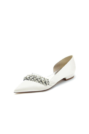 Pointed Toe Slip - on Satin Low Heels With Rhinestone - KissProm