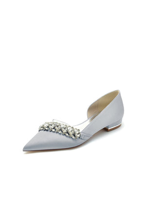 Pointed Toe Slip - on Satin Low Heels With Rhinestone - KissProm