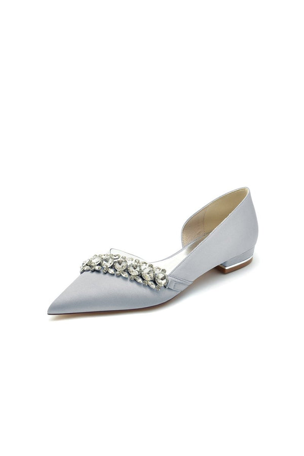 Pointed Toe Slip - on Satin Low Heels With Rhinestone - KissProm
