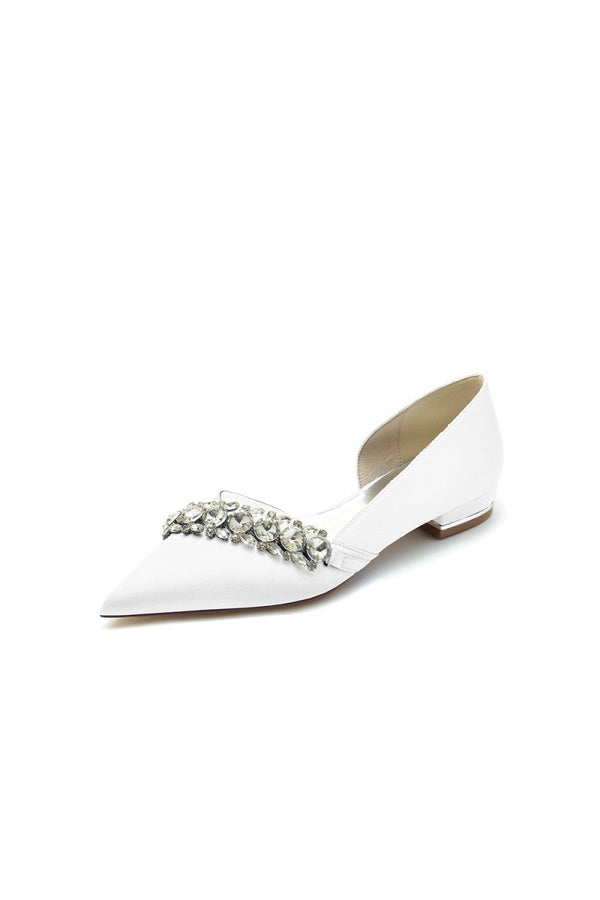 Pointed Toe Slip - on Satin Low Heels With Rhinestone - KissProm