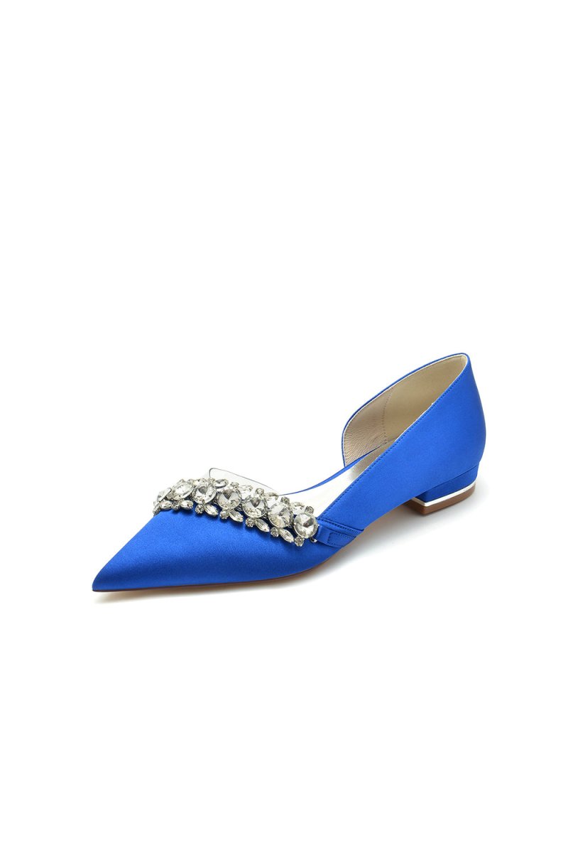 Pointed Toe Slip - on Satin Low Heels With Rhinestone - KissProm