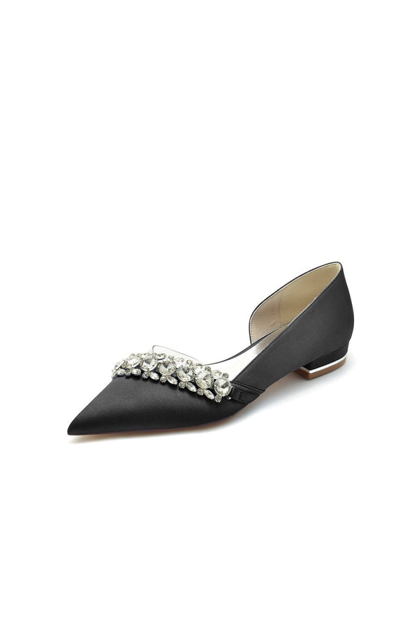 Pointed Toe Slip - on Satin Low Heels With Rhinestone - KissProm