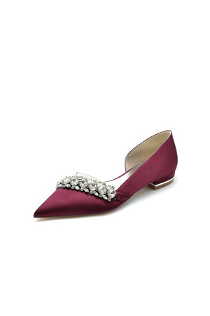 Pointed Toe Slip - on Satin Low Heels With Rhinestone - KissProm
