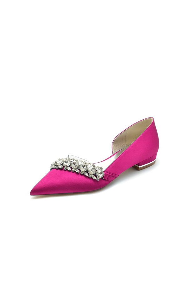Pointed Toe Slip - on Satin Low Heels With Rhinestone - KissProm