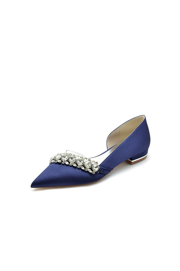 Pointed Toe Slip - on Satin Low Heels With Rhinestone - KissProm