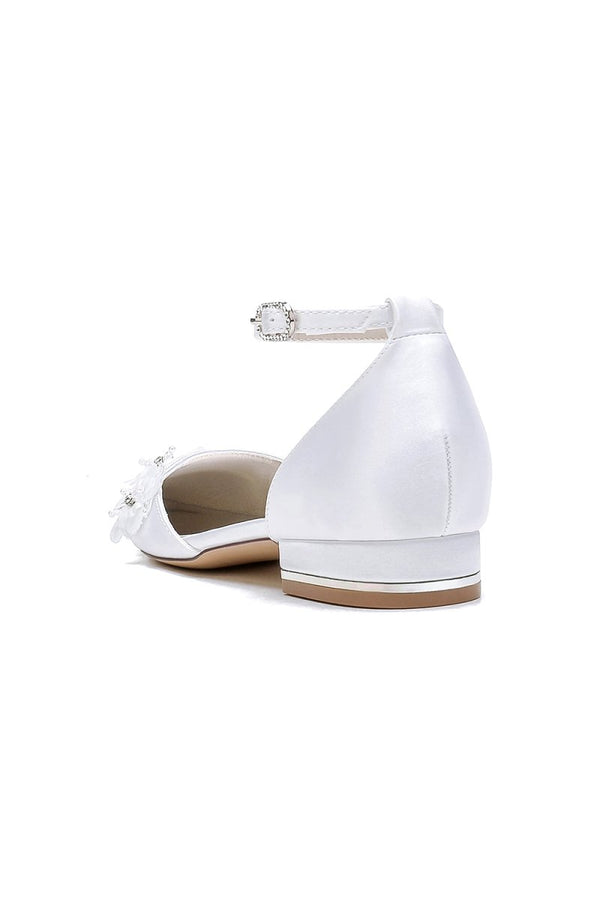 Pointed Toe White Ankle Strap Low Heels with Lace - KissProm