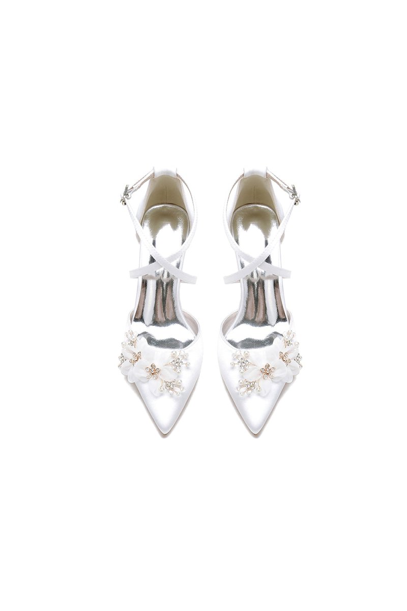 Pointed Toe White Chunky Heels with Flower - KissProm