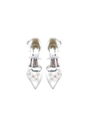 Pointed Toe White Chunky Heels with Flower - KissProm