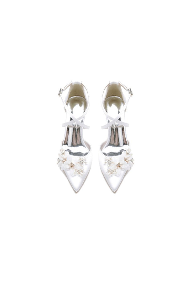 Pointed Toe White Chunky Heels with Flower - KissProm