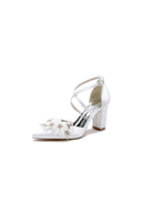 Pointed Toe White Chunky Heels with Flower - KissProm
