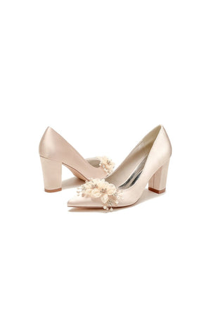 Pointed Toe White Rhinestone Chunky Heels with Flower - KissProm