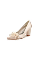 Pointed Toe White Rhinestone Chunky Heels with Flower - KissProm