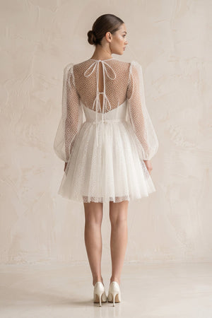 Polk Dots Tulle A - Line Mini Wedding Dress With Sleeves in White - KissProm Wedding Dresses