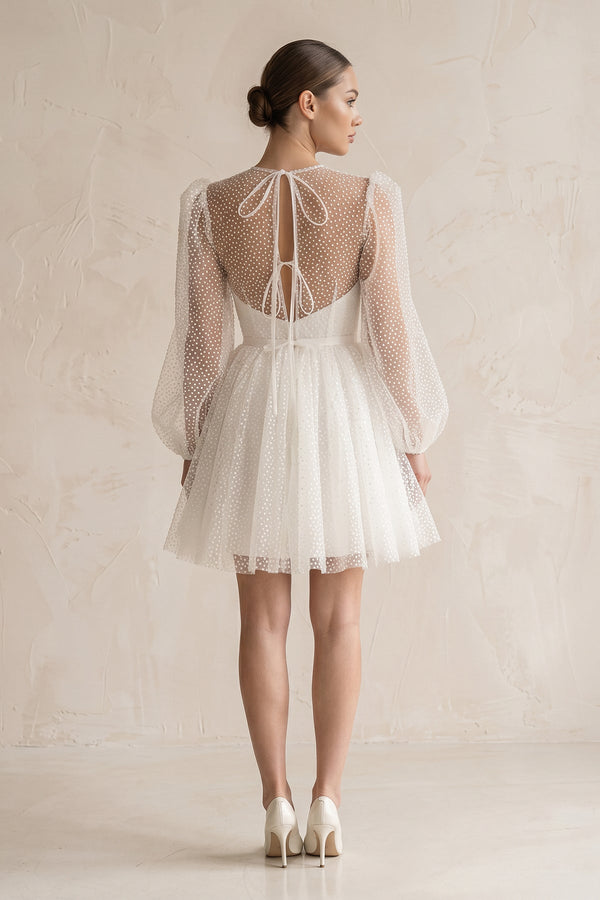 Polk Dots Tulle A - Line Mini Wedding Dress With Sleeves in White - KissProm Wedding Dresses