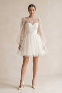 Polk Dots Tulle A - Line Mini Wedding Dress With Sleeves in White - KissProm Wedding Dresses