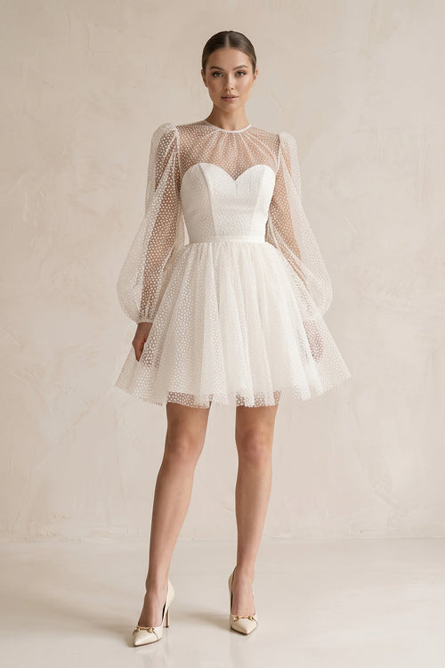 Polk Dots Tulle A - Line Mini Wedding Dress With Sleeves in White - KissProm Wedding Dresses