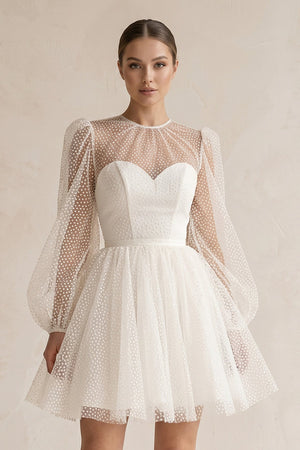Polk Dots Tulle A - Line Mini Wedding Dress With Sleeves in White - KissProm Wedding Dresses