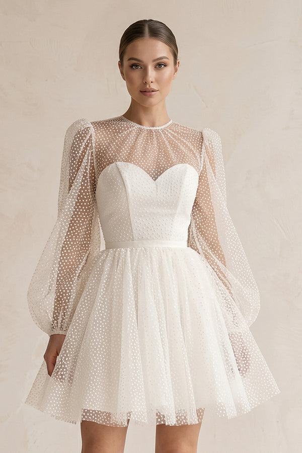 Polk Dots Tulle A - Line Mini Wedding Dress With Sleeves in White - KissProm Wedding Dresses