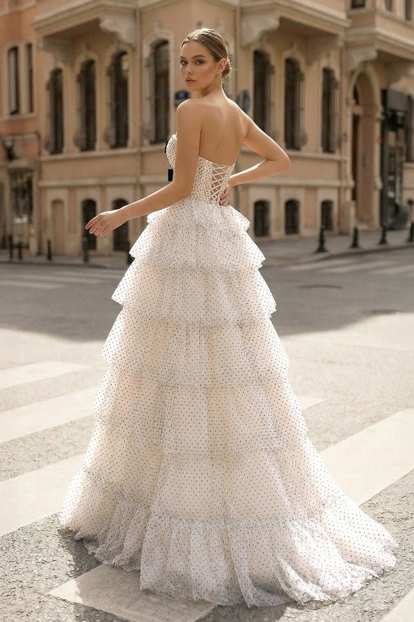 KissProm-White Polka Dot Strapless Ruffle Tiered Prom Gown with Keyholes