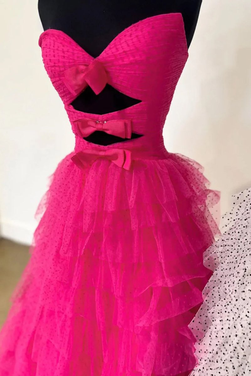 Polka Dot Strapless Ruffle Tiered Prom Gown with Keyholes, Fuchsia / 10 / Tulle