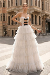 Polka Dot Strapless Ruffle Tiered Prom Gown with Keyholes – Prom Dress by KissProm | Available at KissProm