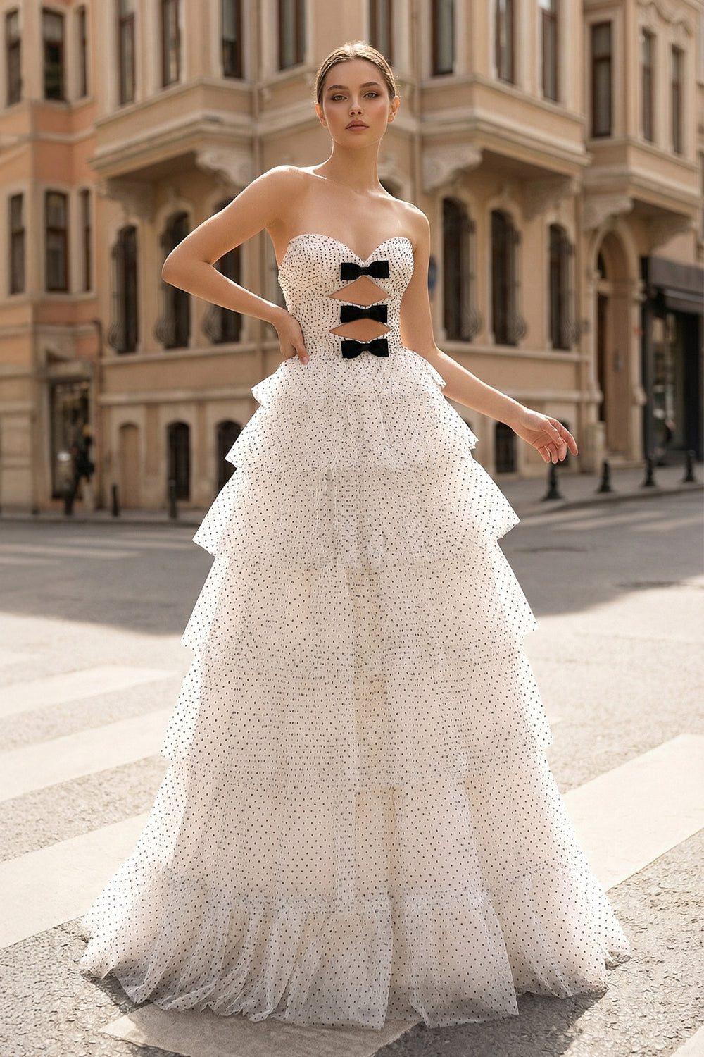 KissProm-White Polka Dot Strapless Ruffle Tiered Prom Gown with Keyholes